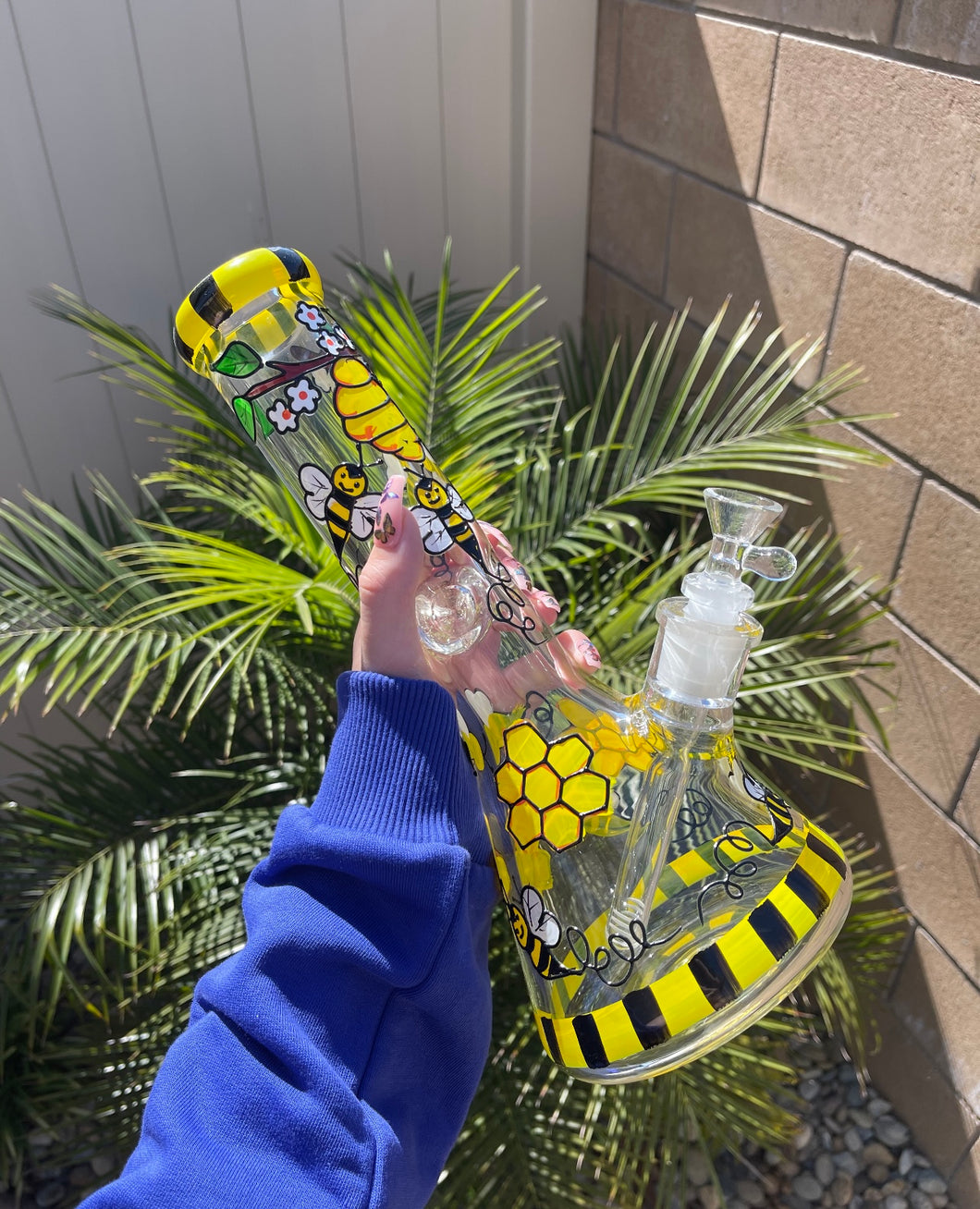 Hand Painted Busy Bee Glass Bong with Ice Catcher